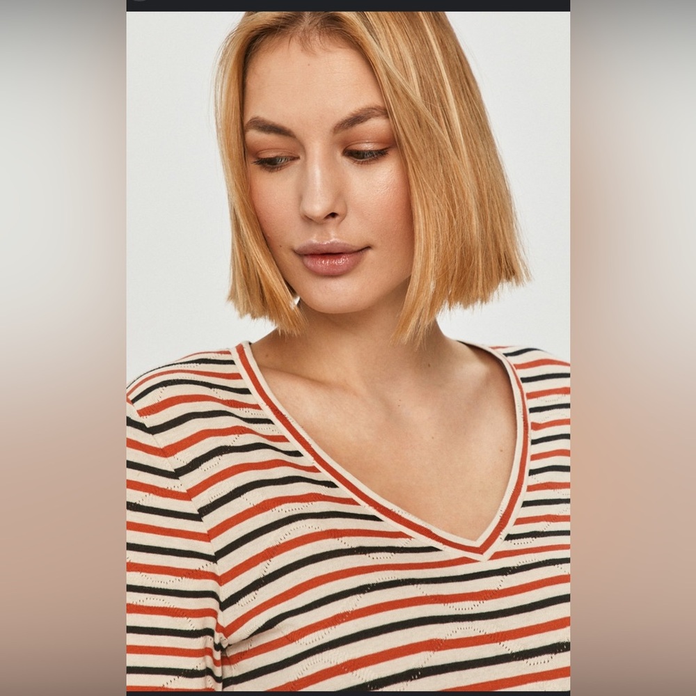 Socth & Soda Striped V-Neck Top t-shirt medium orange and black short sleeves